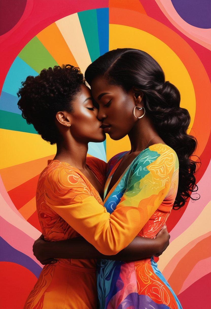 A vibrant and colorful collage showcasing diverse queer identities, with silhouettes of women embracing each other against a backdrop of beautiful abstract patterns representing sexuality and connection. Incorporate symbols of love and pride, such as rainbows and heart motifs, while highlighting various forms of intimate relationships. The atmosphere should feel uplifting and empowering. vibrant colors. abstract art. collage.