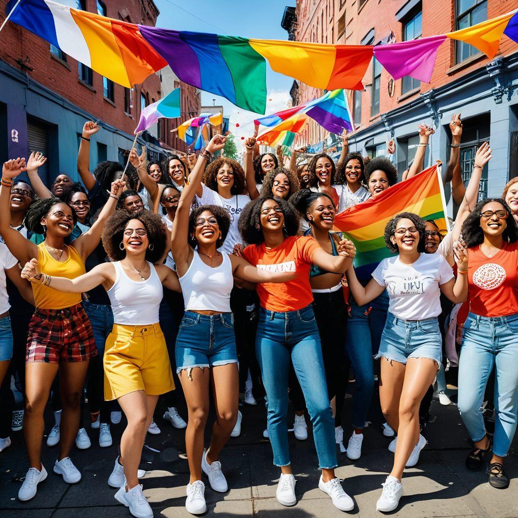 A vibrant, colorful gathering of diverse individuals celebrating queer culture, including various representations of lesbian identities, surrounded by flags and art symbolizing pride and acceptance. The backdrop features a lively urban setting with murals showcasing diversity. Incorporate elements of joy, unity, and inclusivity, with people of different ethnicities and styles dancing and sharing experiences. super-realistic. vibrant colors. urban background.