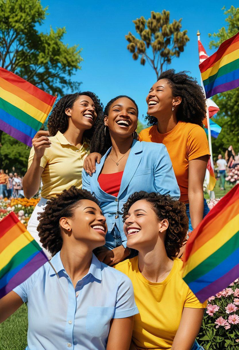 A vibrant collage showcasing diverse lesbian couples celebrating together in a park, adorned with colorful pride flags and symbols of advocacy. Surround them with flowers blooming in rainbow colors, and include elements like laughter, joy, and community unity. The backdrop should feature a sunny sky and a bustling cityscape. The scene is imbued with warmth and camaraderie. super-realistic. vibrant colors. soft focus.